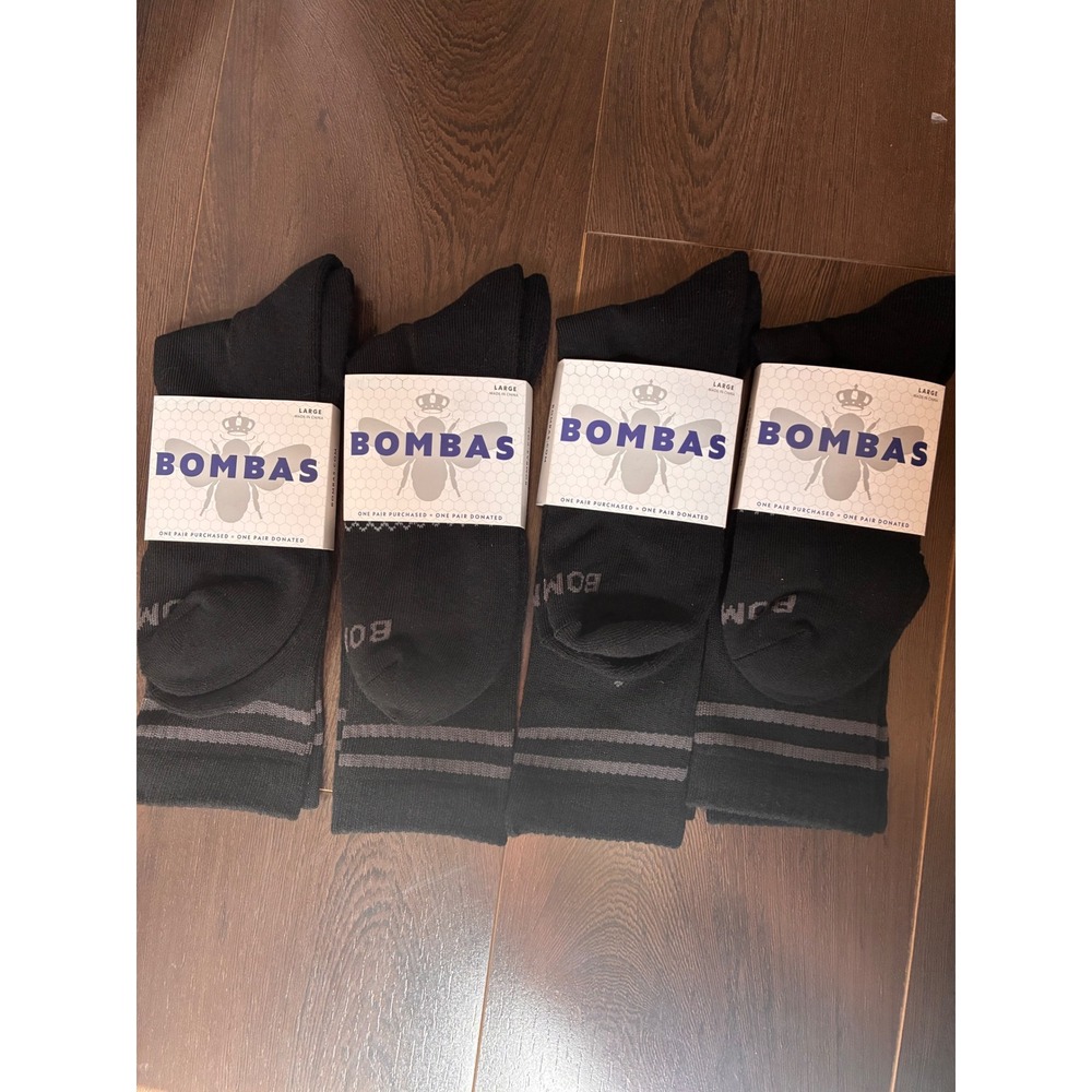Bombas Classic Crew Socks 4 Pack Black Grey Stripe Large Honeycomb Arch Support